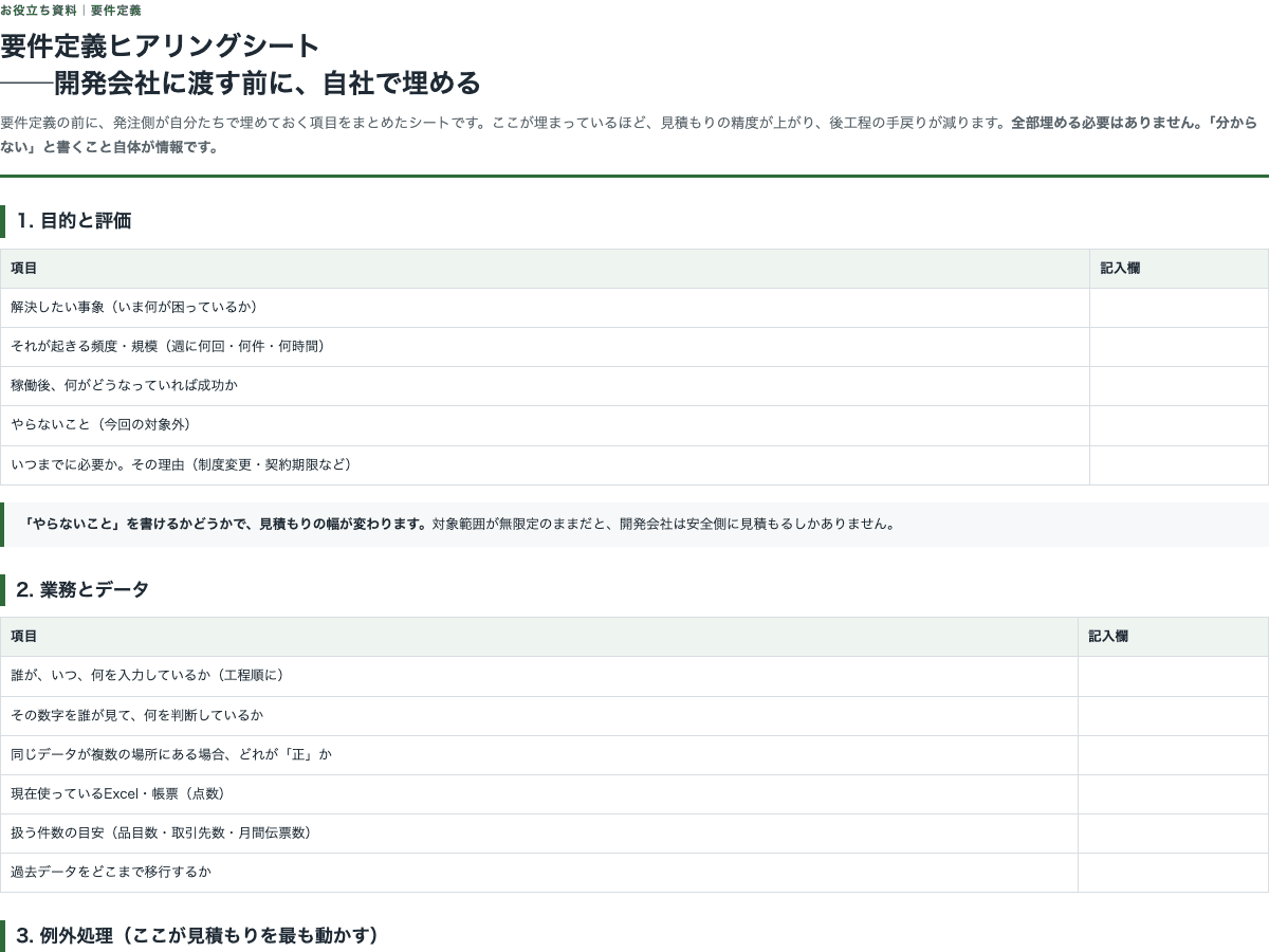要件定義ヒアリングシート【開発会社に渡す前に自社で埋める】の表紙