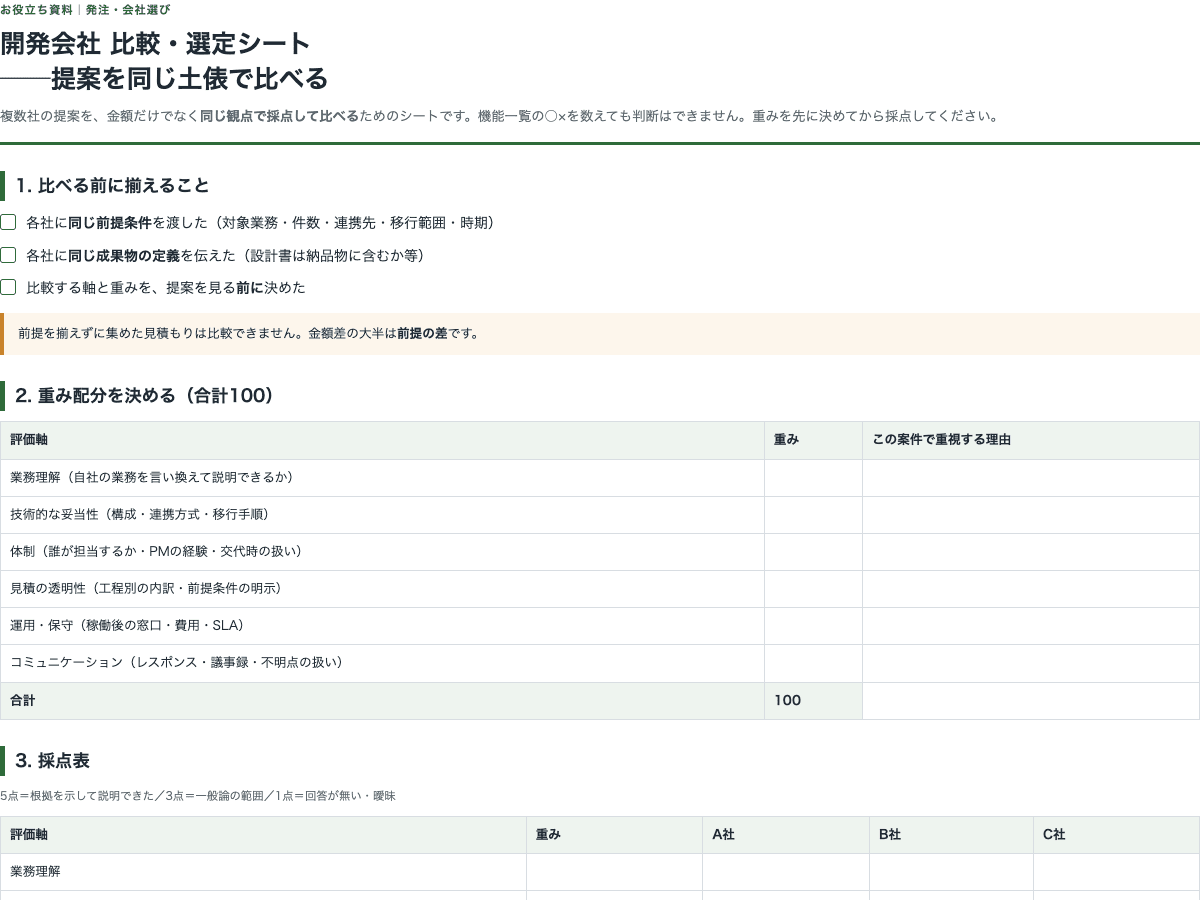 開発会社 比較・選定シート【重み付き採点と提案時の5つの質問】の表紙